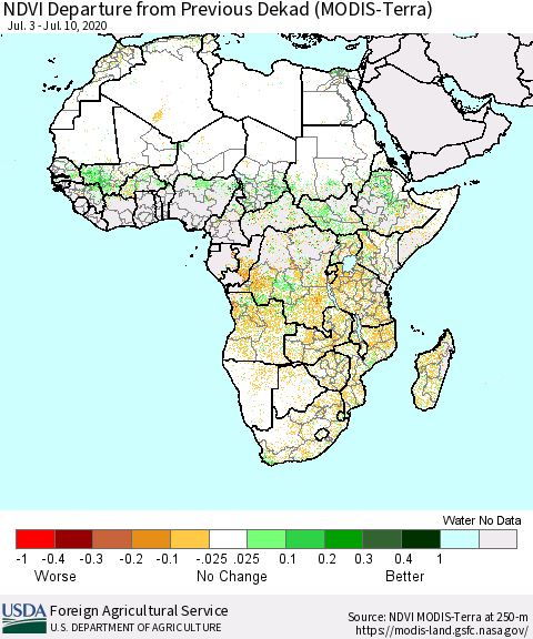 Africa NDVI Departure from Previous Dekad (Terra-MODIS) Thematic Map For 7/1/2020 - 7/10/2020