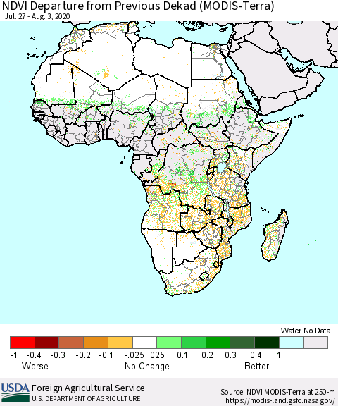 Africa NDVI Departure from Previous Dekad (Terra-MODIS) Thematic Map For 8/1/2020 - 8/10/2020