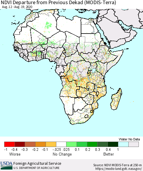 Africa NDVI Departure from Previous Dekad (Terra-MODIS) Thematic Map For 8/11/2020 - 8/20/2020