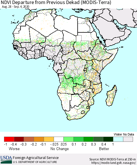 Africa NDVI Departure from Previous Dekad (Terra-MODIS) Thematic Map For 9/1/2020 - 9/10/2020