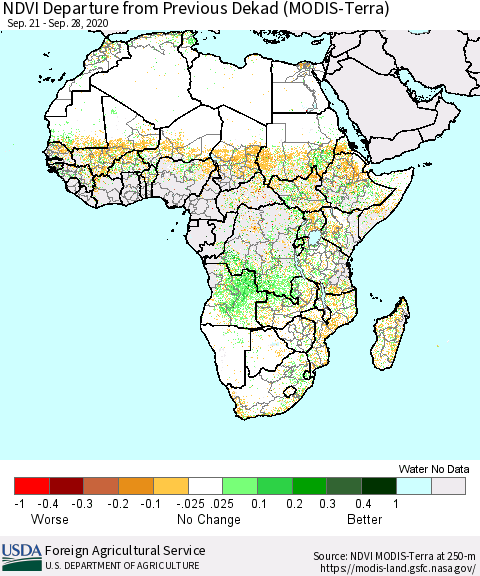 Africa NDVI Departure from Previous Dekad (Terra-MODIS) Thematic Map For 9/21/2020 - 9/30/2020