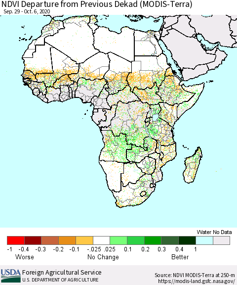 Africa NDVI Departure from Previous Dekad (Terra-MODIS) Thematic Map For 10/1/2020 - 10/10/2020