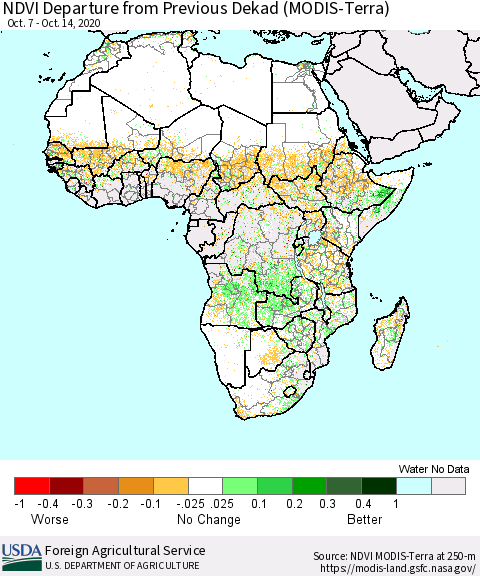 Africa NDVI Departure from Previous Dekad (Terra-MODIS) Thematic Map For 10/11/2020 - 10/20/2020