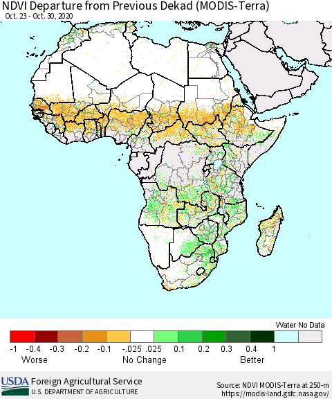 Africa NDVI Departure from Previous Dekad (Terra-MODIS) Thematic Map For 10/21/2020 - 10/31/2020