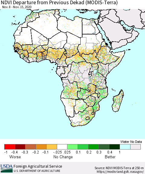 Africa NDVI Departure from Previous Dekad (Terra-MODIS) Thematic Map For 11/11/2020 - 11/20/2020