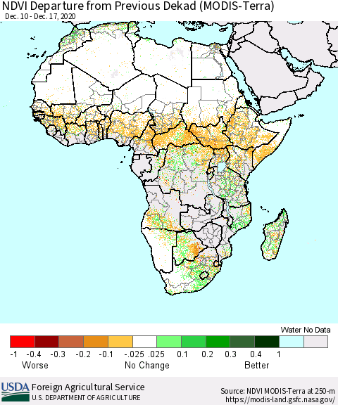 Africa NDVI Departure from Previous Dekad (Terra-MODIS) Thematic Map For 12/11/2020 - 12/20/2020