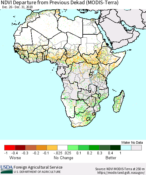 Africa NDVI Departure from Previous Dekad (Terra-MODIS) Thematic Map For 12/21/2020 - 12/31/2020