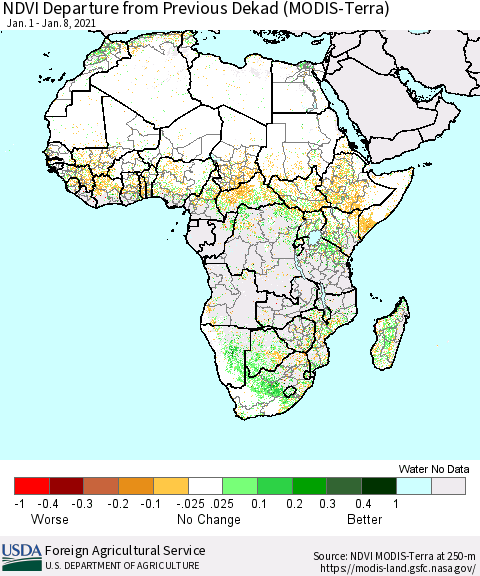 Africa NDVI Departure from Previous Dekad (Terra-MODIS) Thematic Map For 1/1/2021 - 1/10/2021
