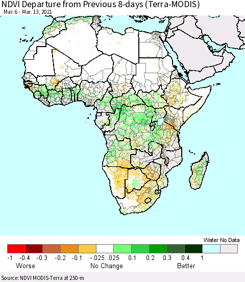 Africa NDVI Departure from Previous 8-days (Terra-MODIS) Thematic Map For 3/6/2021 - 3/13/2021