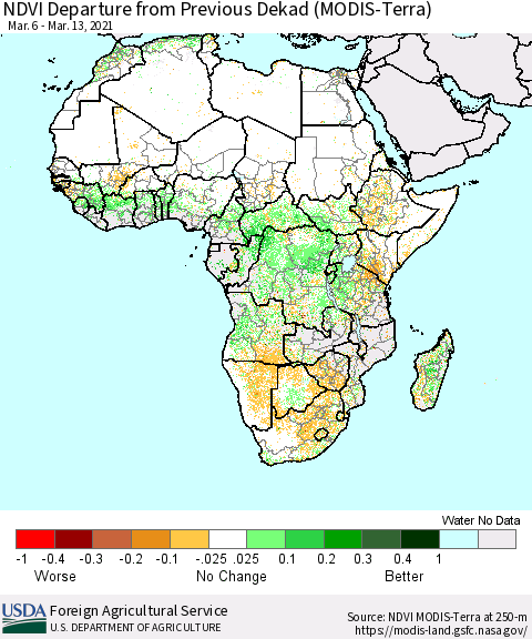 Africa NDVI Departure from Previous Dekad (Terra-MODIS) Thematic Map For 3/11/2021 - 3/20/2021