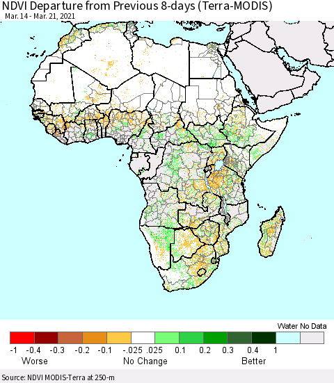 Africa NDVI Departure from Previous 8-days (Terra-MODIS) Thematic Map For 3/14/2021 - 3/21/2021