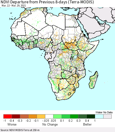 Africa NDVI Departure from Previous 8-days (Terra-MODIS) Thematic Map For 3/22/2021 - 3/29/2021