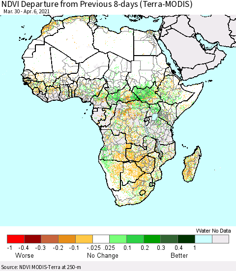 Africa NDVI Departure from Previous 8-days (Terra-MODIS) Thematic Map For 3/30/2021 - 4/6/2021