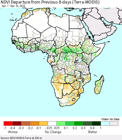 Africa NDVI Departure from Previous 8-days (Terra-MODIS) Thematic Map For 4/7/2021 - 4/14/2021