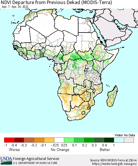 Africa NDVI Departure from Previous Dekad (Terra-MODIS) Thematic Map For 4/11/2021 - 4/20/2021