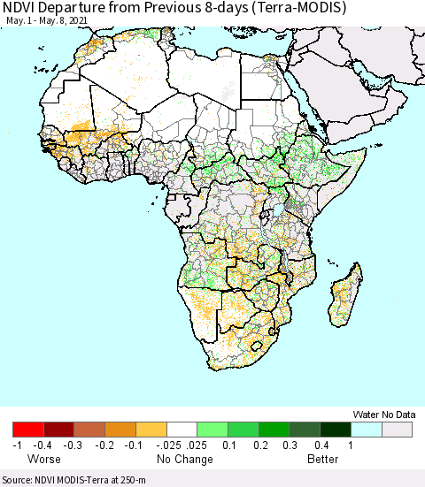 Africa NDVI Departure from Previous 8-days (Terra-MODIS) Thematic Map For 5/1/2021 - 5/8/2021