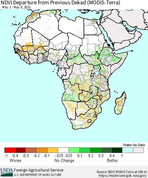 Africa NDVI Departure from Previous Dekad (Terra-MODIS) Thematic Map For 5/1/2021 - 5/10/2021