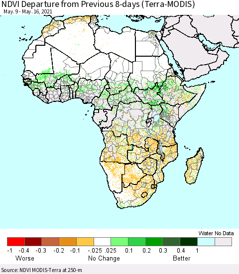Africa NDVI Departure from Previous 8-days (Terra-MODIS) Thematic Map For 5/9/2021 - 5/16/2021