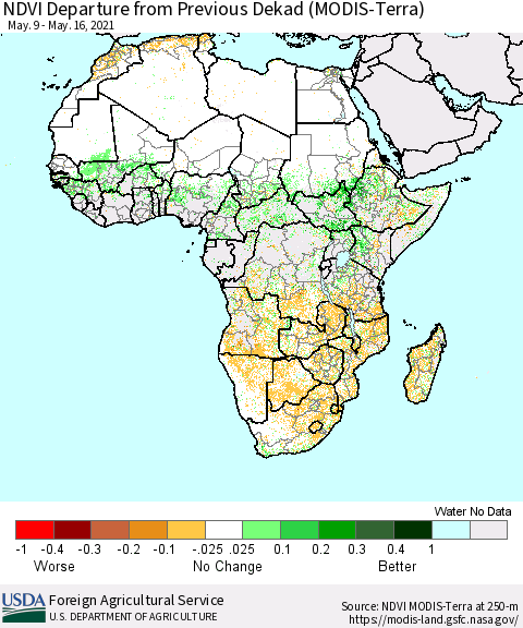 Africa NDVI Departure from Previous Dekad (Terra-MODIS) Thematic Map For 5/11/2021 - 5/20/2021