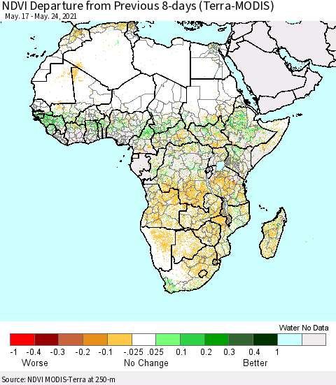 Africa NDVI Departure from Previous 8-days (Terra-MODIS) Thematic Map For 5/17/2021 - 5/24/2021