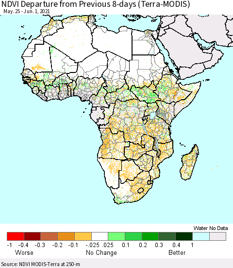 Africa NDVI Departure from Previous 8-days (Terra-MODIS) Thematic Map For 5/25/2021 - 6/1/2021
