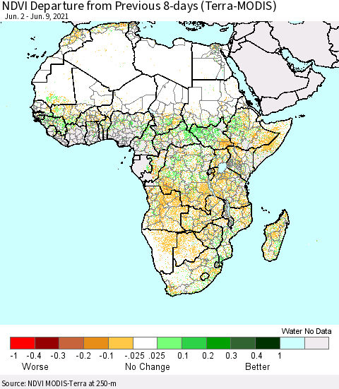 Africa NDVI Departure from Previous 8-days (Terra-MODIS) Thematic Map For 6/2/2021 - 6/9/2021