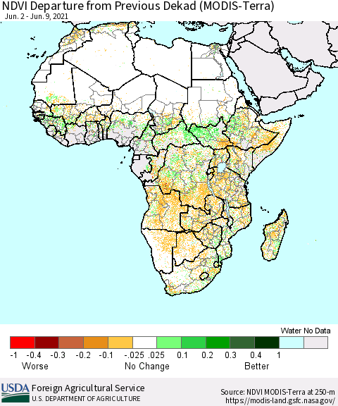 Africa NDVI Departure from Previous Dekad (Terra-MODIS) Thematic Map For 6/1/2021 - 6/10/2021