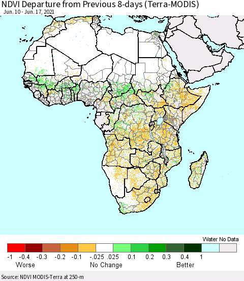 Africa NDVI Departure from Previous 8-days (Terra-MODIS) Thematic Map For 6/10/2021 - 6/17/2021