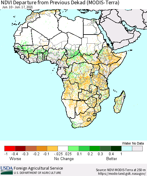 Africa NDVI Departure from Previous Dekad (Terra-MODIS) Thematic Map For 6/11/2021 - 6/20/2021