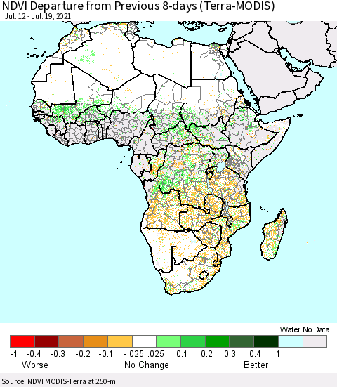 Africa NDVI Departure from Previous 8-days (Terra-MODIS) Thematic Map For 7/12/2021 - 7/19/2021