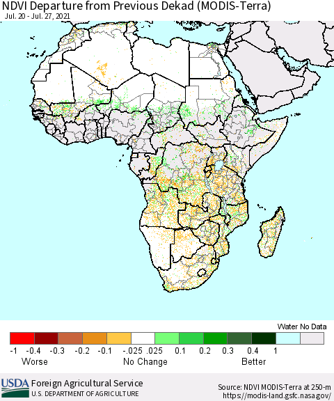 Africa NDVI Departure from Previous Dekad (Terra-MODIS) Thematic Map For 7/21/2021 - 7/31/2021