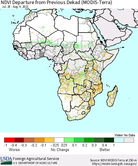 Africa NDVI Departure from Previous Dekad (Terra-MODIS) Thematic Map For 8/1/2021 - 8/10/2021