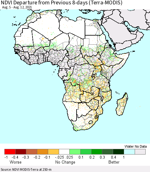 Africa NDVI Departure from Previous 8-days (Terra-MODIS) Thematic Map For 8/5/2021 - 8/12/2021