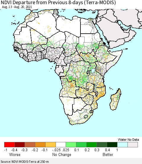 Africa NDVI Departure from Previous Dekad (Terra-MODIS) Thematic Map For 8/11/2021 - 8/20/2021