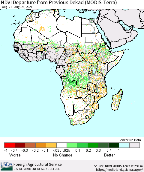 Africa NDVI Departure from Previous Dekad (Terra-MODIS) Thematic Map For 8/21/2021 - 8/31/2021