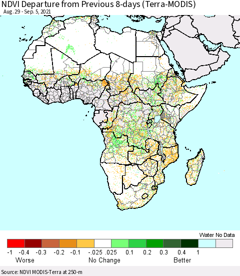 Africa NDVI Departure from Previous 8-days (Terra-MODIS) Thematic Map For 8/29/2021 - 9/5/2021