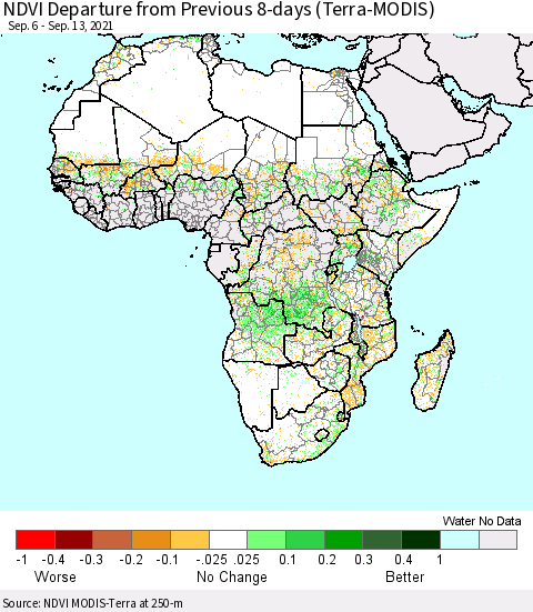 Africa NDVI Departure from Previous 8-days (Terra-MODIS) Thematic Map For 9/6/2021 - 9/13/2021
