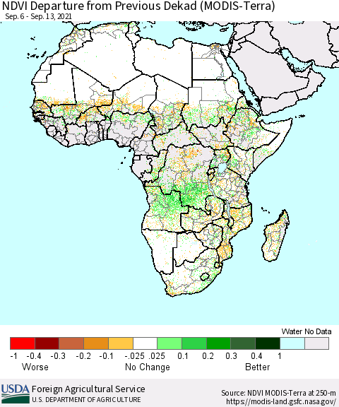 Africa NDVI Departure from Previous Dekad (Terra-MODIS) Thematic Map For 9/11/2021 - 9/20/2021