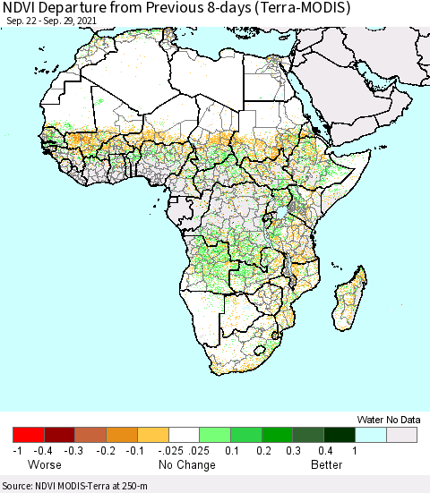 Africa NDVI Departure from Previous 8-days (Terra-MODIS) Thematic Map For 9/22/2021 - 9/29/2021