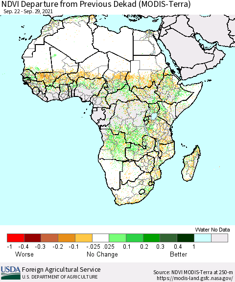 Africa NDVI Departure from Previous Dekad (Terra-MODIS) Thematic Map For 9/21/2021 - 9/30/2021