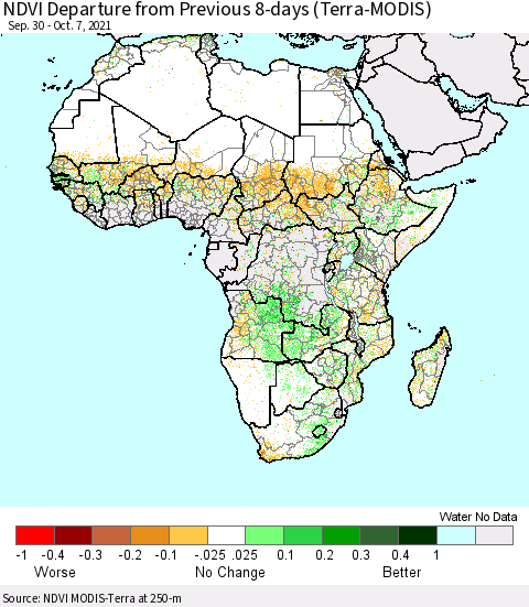 Africa NDVI Departure from Previous 8-days (Terra-MODIS) Thematic Map For 9/30/2021 - 10/7/2021