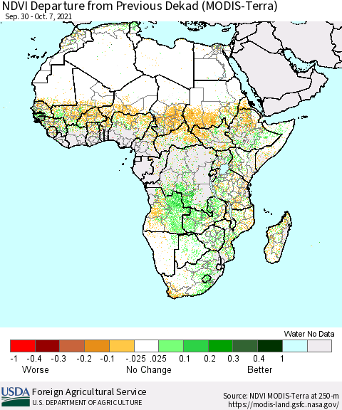 Africa NDVI Departure from Previous Dekad (Terra-MODIS) Thematic Map For 10/1/2021 - 10/10/2021