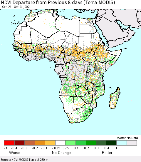 Africa NDVI Departure from Previous Dekad (Terra-MODIS) Thematic Map For 10/21/2021 - 10/31/2021