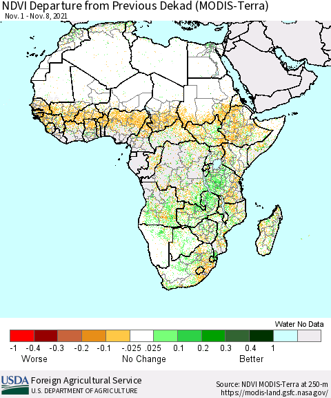 Africa NDVI Departure from Previous Dekad (Terra-MODIS) Thematic Map For 11/1/2021 - 11/10/2021