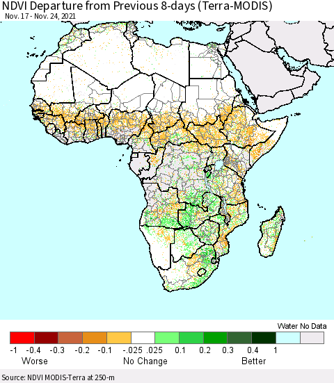 Africa NDVI Departure from Previous 8-days (Terra-MODIS) Thematic Map For 11/17/2021 - 11/24/2021
