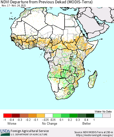 Africa NDVI Departure from Previous Dekad (Terra-MODIS) Thematic Map For 11/21/2021 - 11/30/2021