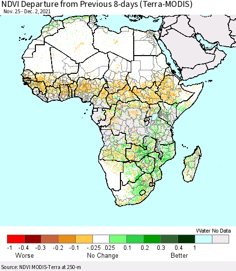Africa NDVI Departure from Previous 8-days (Terra-MODIS) Thematic Map For 11/25/2021 - 12/2/2021