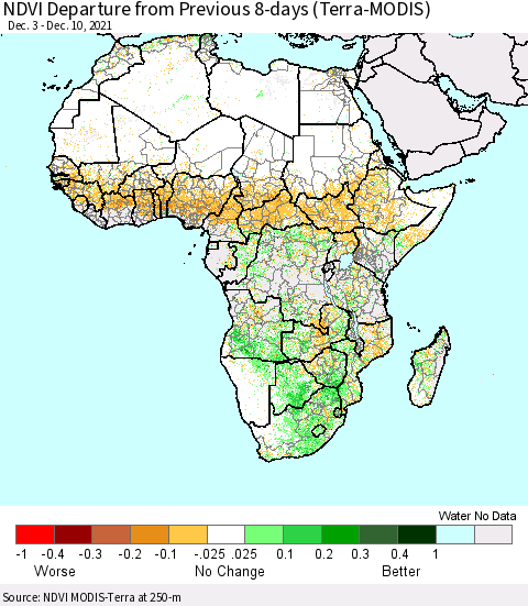 Africa NDVI Departure from Previous Dekad (Terra-MODIS) Thematic Map For 12/1/2021 - 12/10/2021