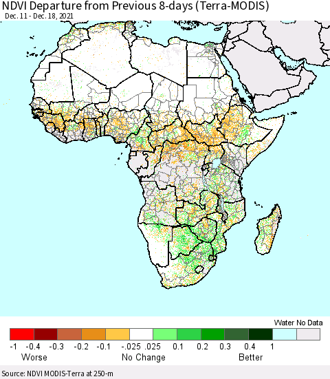Africa NDVI Departure from Previous 8-days (Terra-MODIS) Thematic Map For 12/11/2021 - 12/18/2021