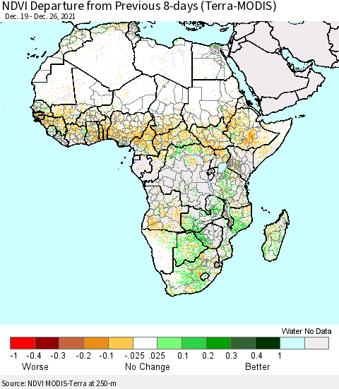 Africa NDVI Departure from Previous 8-days (Terra-MODIS) Thematic Map For 12/19/2021 - 12/26/2021
